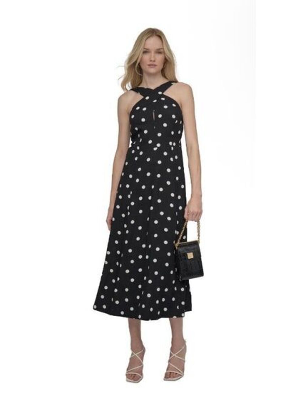 DKNY Polka-Dot Black White Crisscross Halter Midi Dress Women Size 14